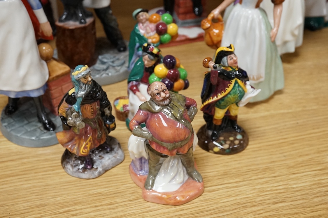 A collection of Royal Doulton figures to include The Railway Sleeper, Blacksmith, Biddy Pennyfarthing, Nurse, French Peasant, etc, largest 24cm high